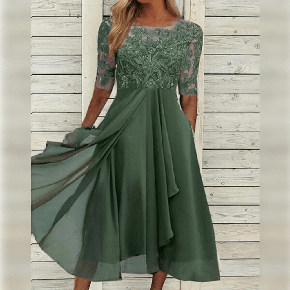 Women’s Chiffon Midi Dress | Lace-Top & Draped Skirt | Soft & Breathable Fabric | Comfortable Fit