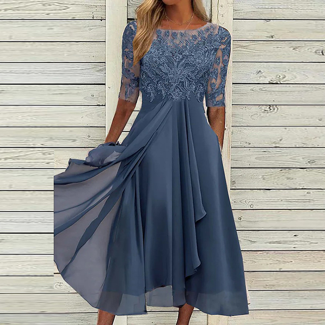 Women’s Lace Midi Dress | Draped Chiffon Skirt & Illusion Neckline | Polyester | Elegant Evening Wear