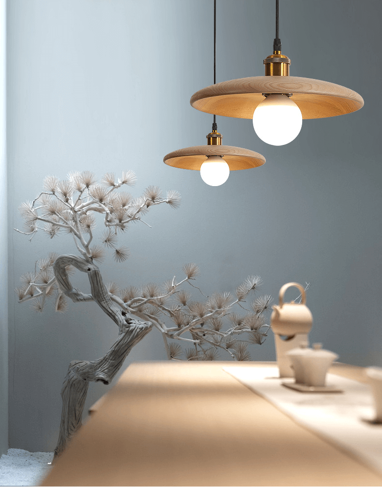 Taavita Flying Saucer Pendant Lights - Retro Wooden Hanging Light for Kitchen, Living Room & Bedroom