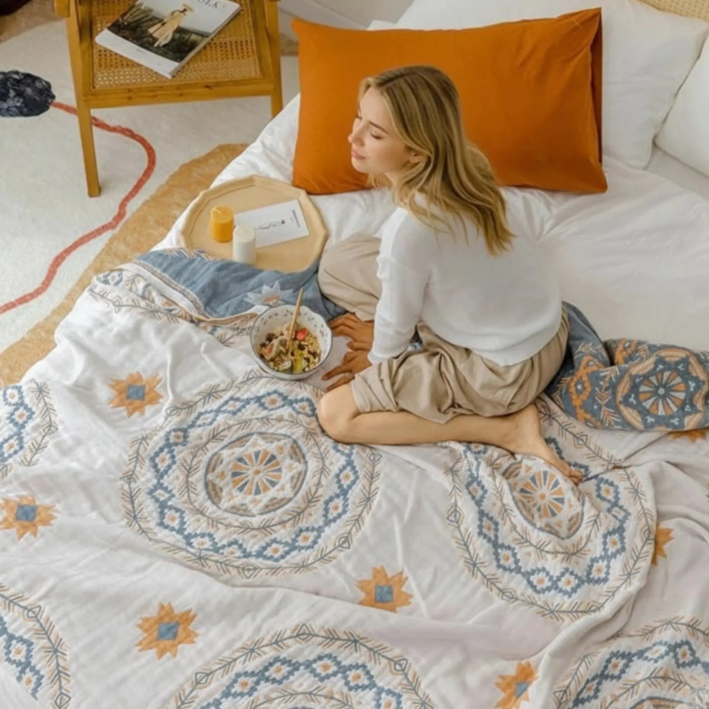 Lightweight Cotton Gauze Throw Blanket with Fringe – Boho Nordic Style for Summer