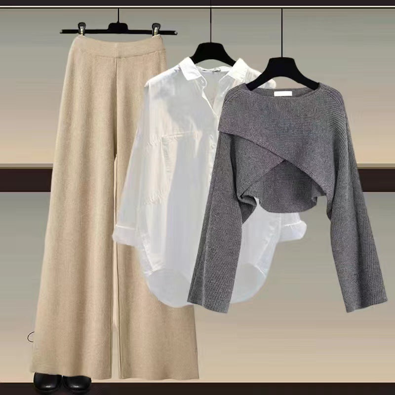 Women’s Three-Piece Comfort Set | Asymmetrical Knit & Wide-Leg Trousers | Soft Stretch Fabric | Versatile Styling