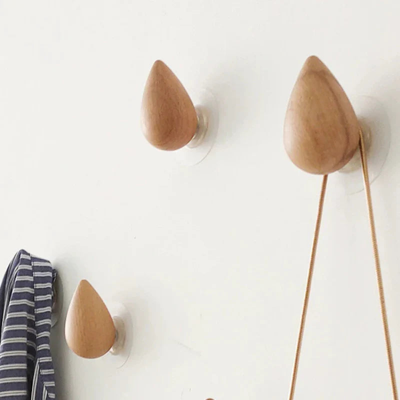 Natural Wood Drop-Shaped Wall Hook – No-Drill Adhesive Hanger