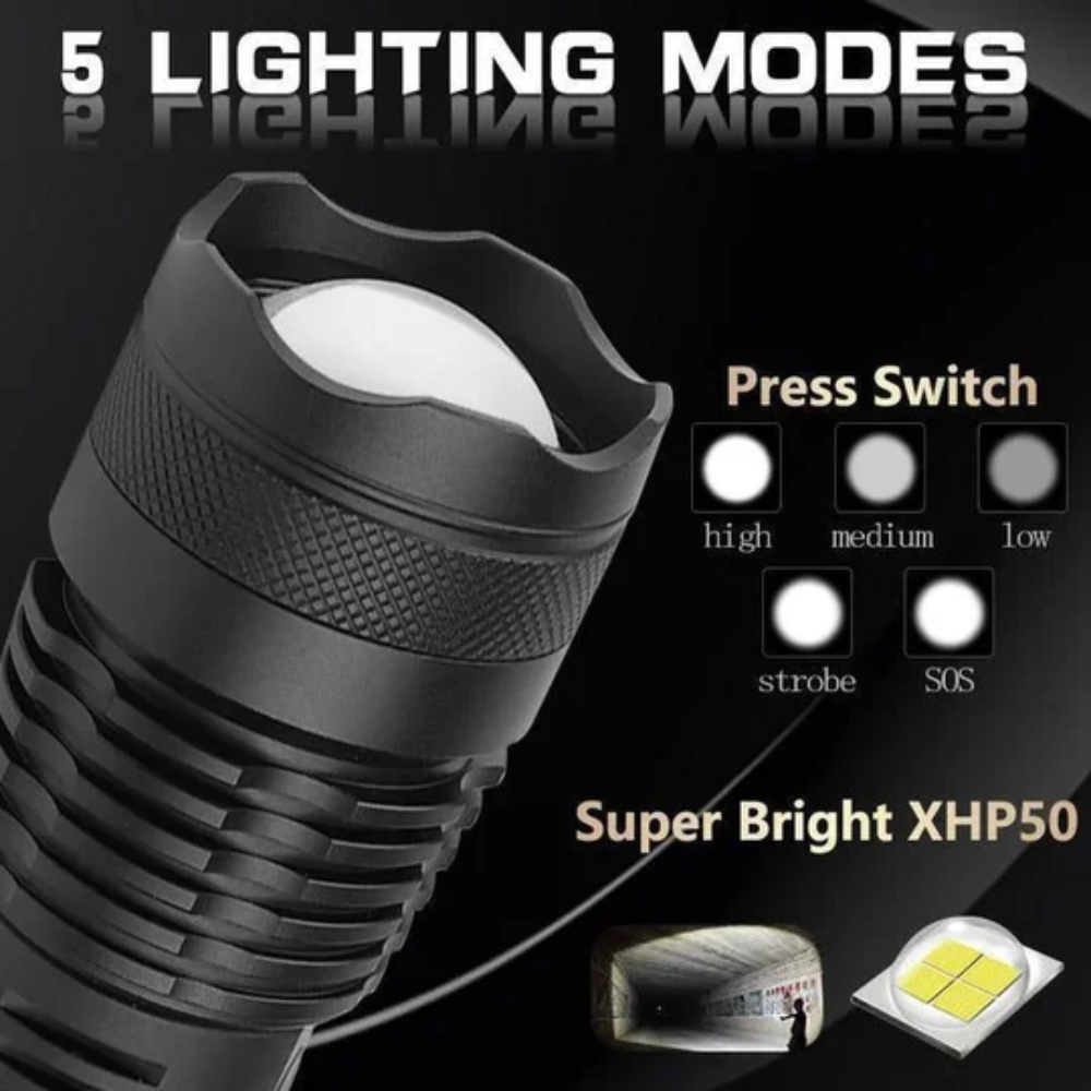 LED Tactical Flashlight with XHP50.2 Rechargeable Battery for Outdoors and Emergencies