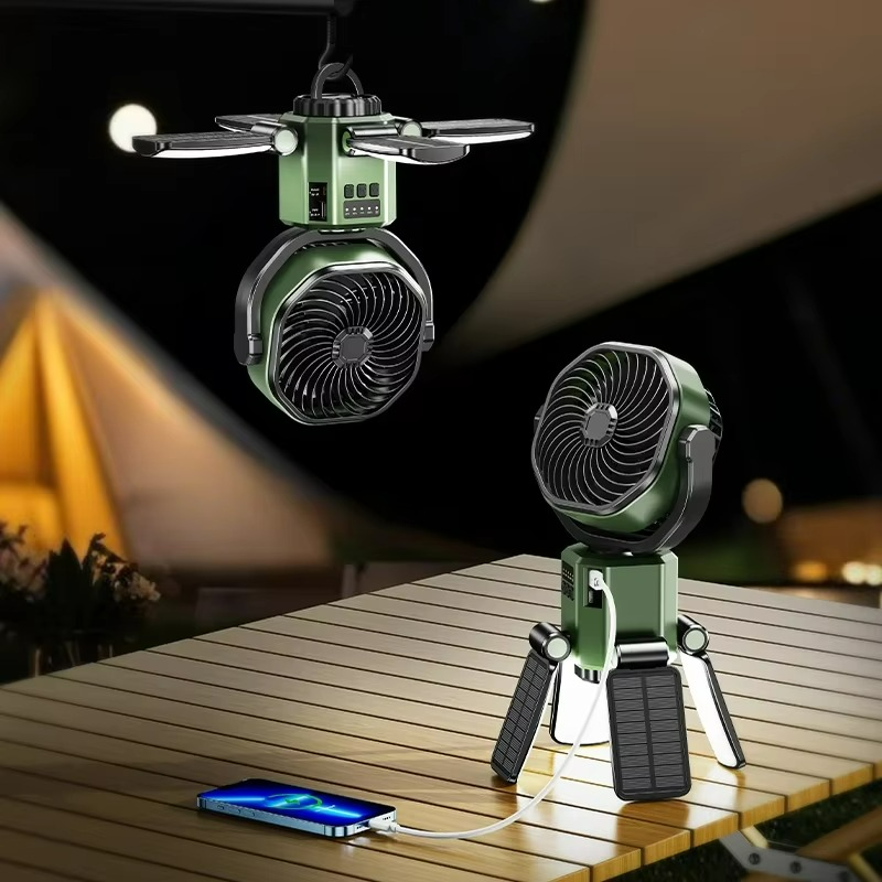 Portable Fan with LED Light and Adjustable Height for Camping and Hiking