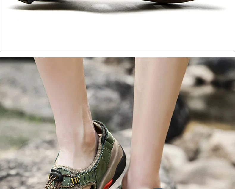 Men's Hiking Sandals – Genuine Leather with Elastic Strap for Summer