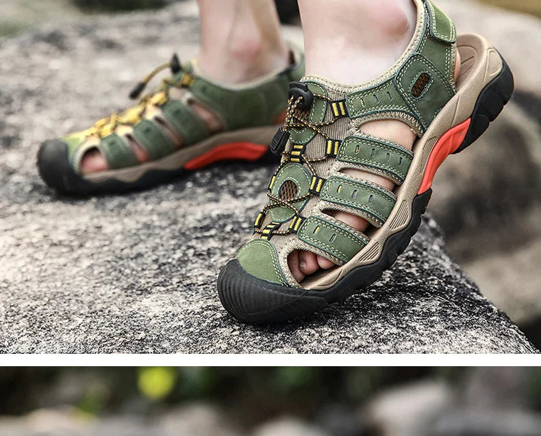 Men's Hiking Sandals – Genuine Leather with Elastic Strap for Summer