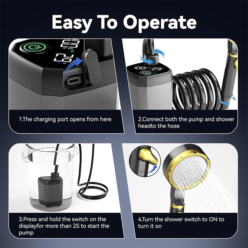 Portable Camping Shower Pump with LED Display – Rechargeable Outdoor Use for Hiking and Beach