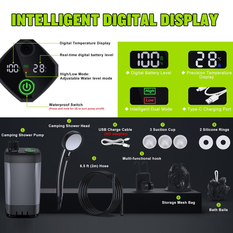 Portable Camping Shower Pump with LED Display – Rechargeable Outdoor Use for Hiking and Beach