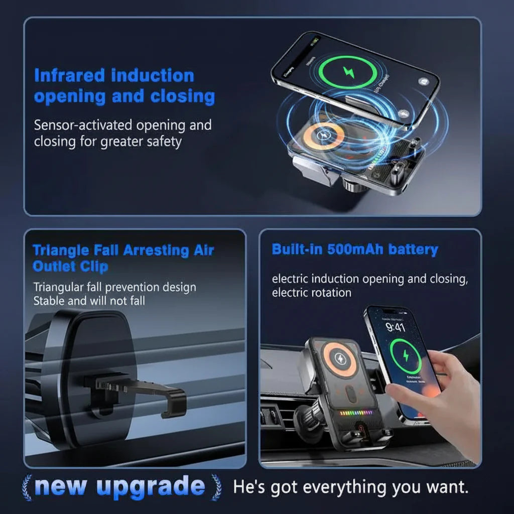 Smartphone Charging Car Mount with Auto Clamp and Vent Attachment