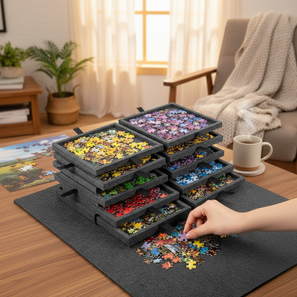 Versatile Puzzle Organizer with Adjustable Surface and Storage