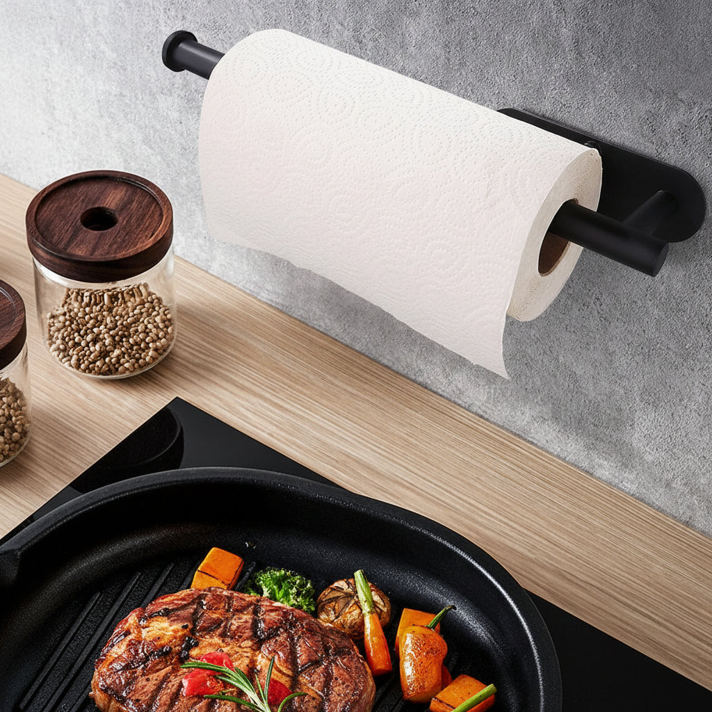 Space-Saving Under-Cabinet Paper Towel Holder in Black Steel