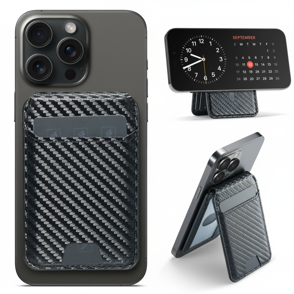 Slim Magnetic Card Holder with Adjustable Stand and Tracker