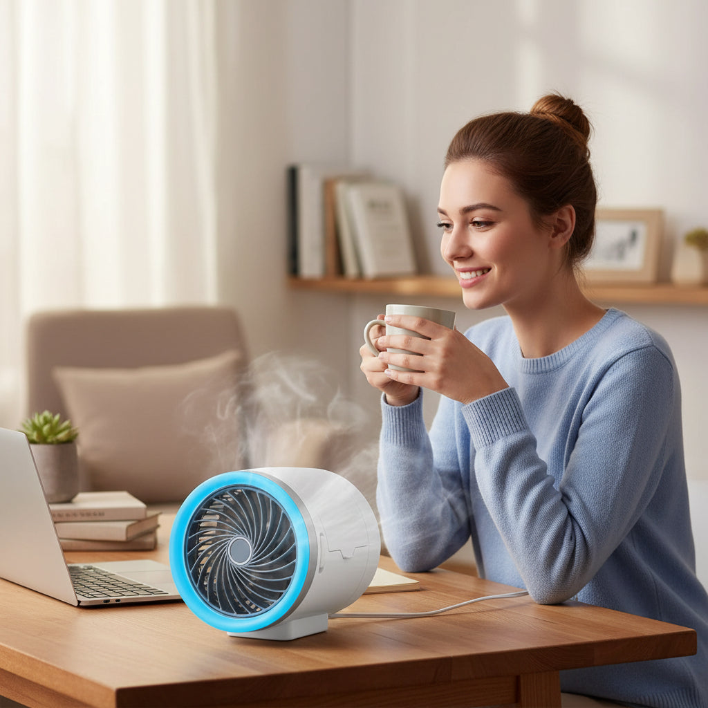 Compact Cooling Fan with LED Illumination and Reusable Ice Packs