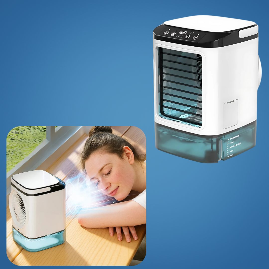 Compact 12W Cooling Fan with 900ml Water Tank – Quiet Evaporative Cooler for Small Areas