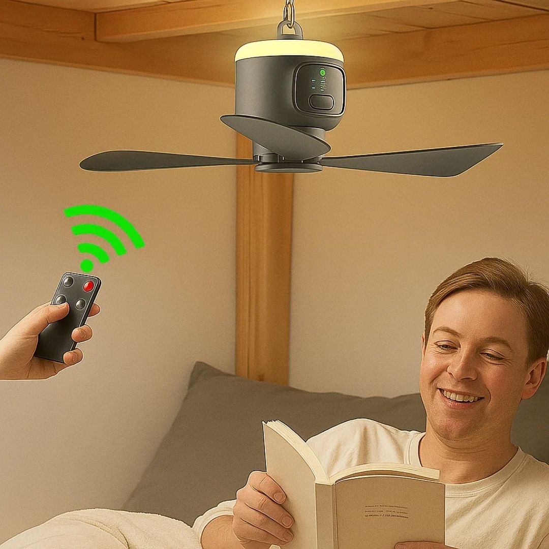 Ceiling Fan with LED Light and Remote Control – 30-Hour Battery Life, Compact for Home and Travel