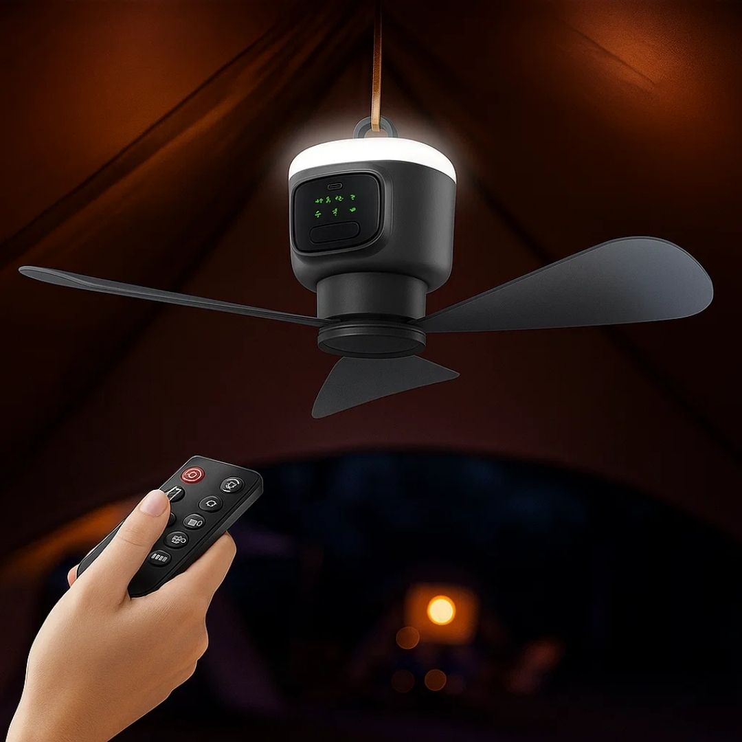 Ceiling Fan with LED Light and Remote Control – 30-Hour Battery Life, Compact for Home and Travel