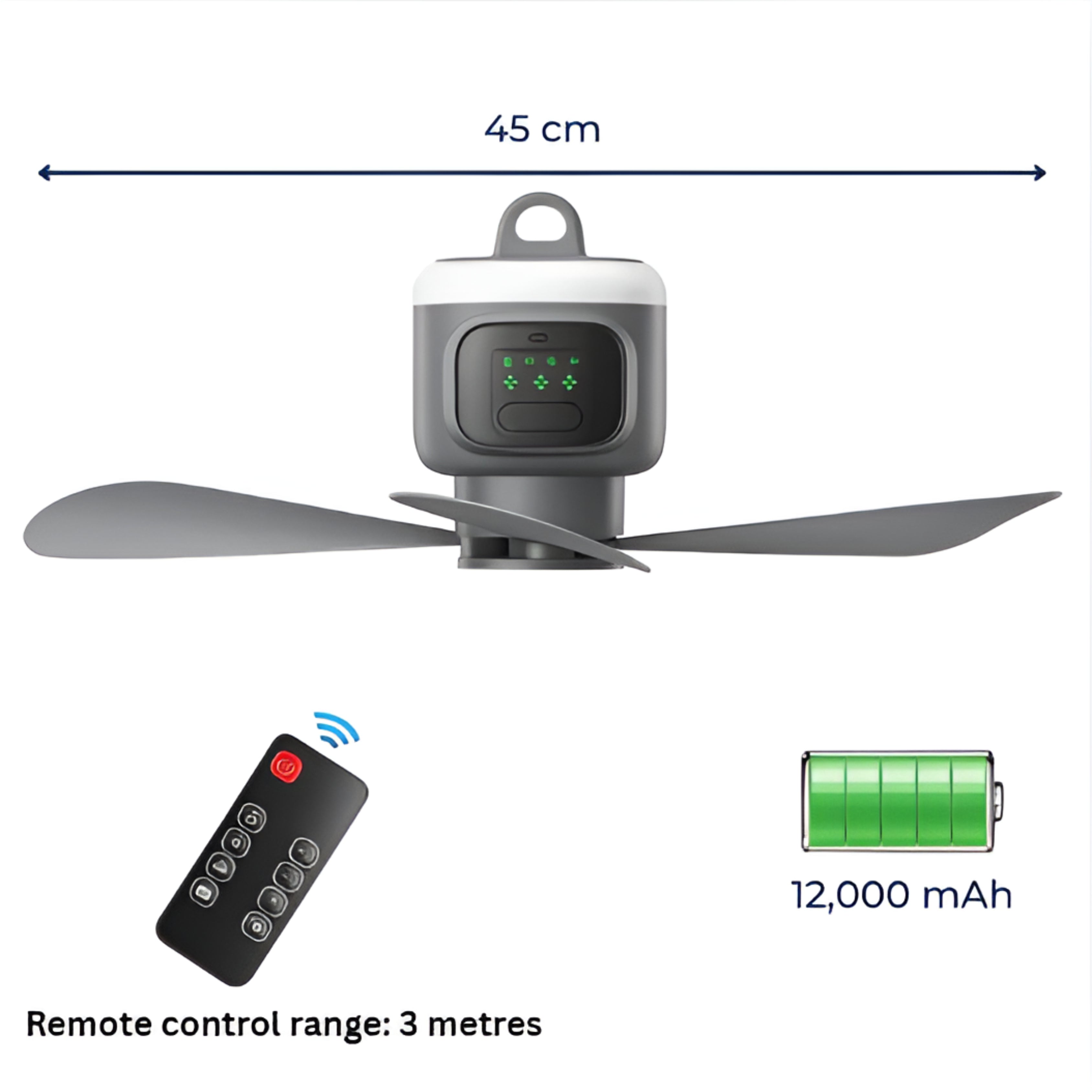 Ceiling Fan with LED Light and Remote Control – 30-Hour Battery Life, Compact for Home and Travel
