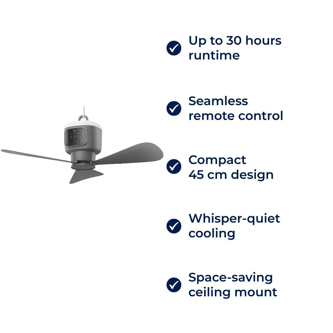 Ceiling Fan with LED Light and Remote Control – 30-Hour Battery Life, Compact for Home and Travel