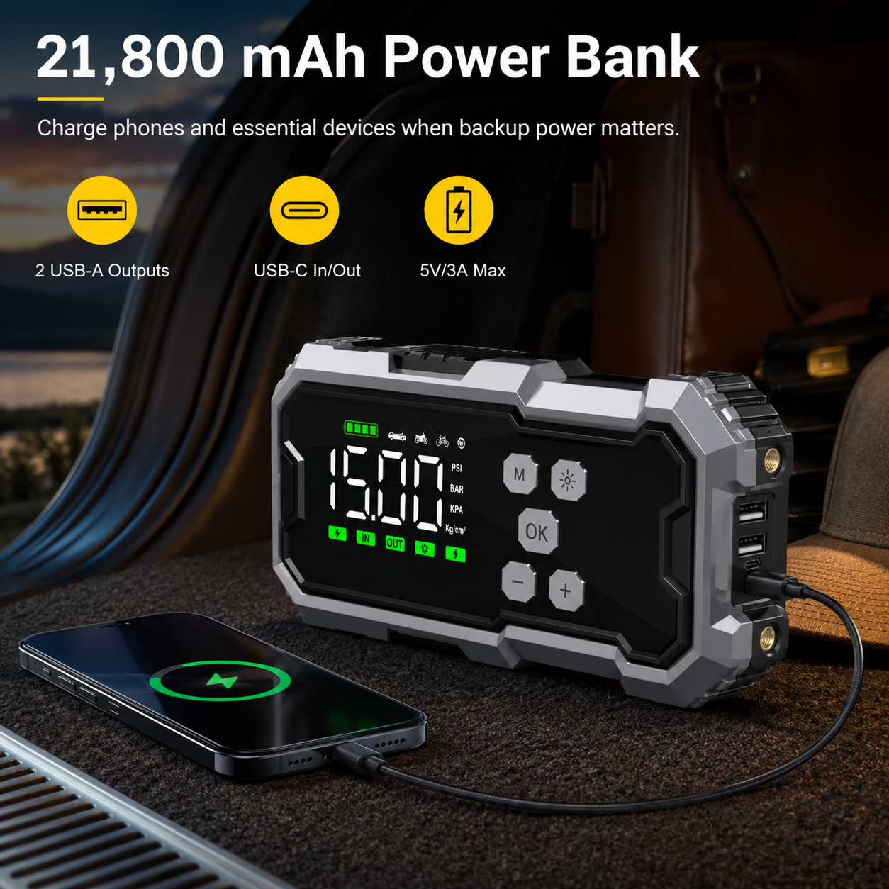 7000A Portable Jump Starter with 150 PSI Air Pump & 30000mAh Power Bank for 12V Cars