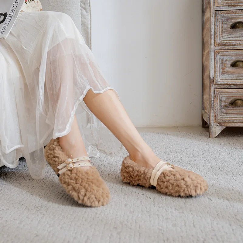 Chic Comfort Wool-Fur Slip-On Loafers for Women with Stylish Accents