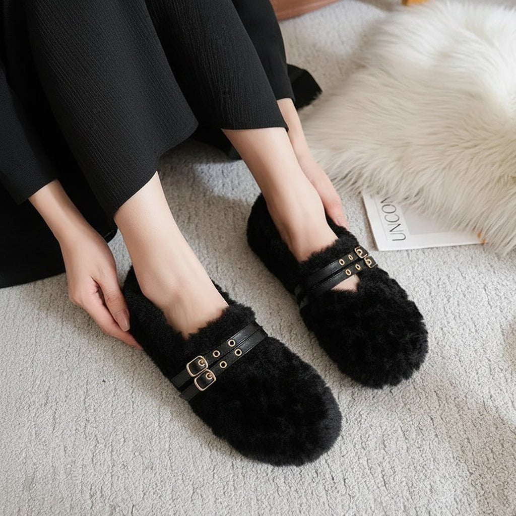 Chic Comfort Wool-Fur Slip-On Loafers for Women with Stylish Accents