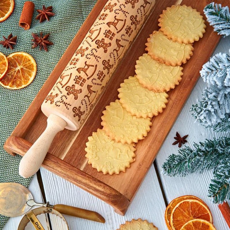 FestiveCraft Artisan Rolling Pin with Holiday Embossing