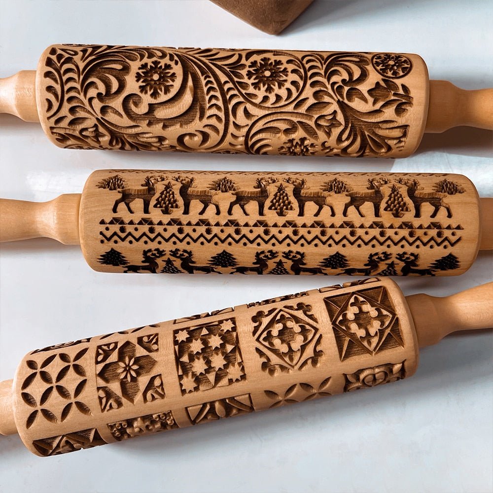 FestiveCraft Artisan Rolling Pin with Holiday Embossing