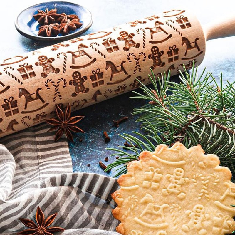 FestiveCraft Artisan Rolling Pin with Holiday Embossing