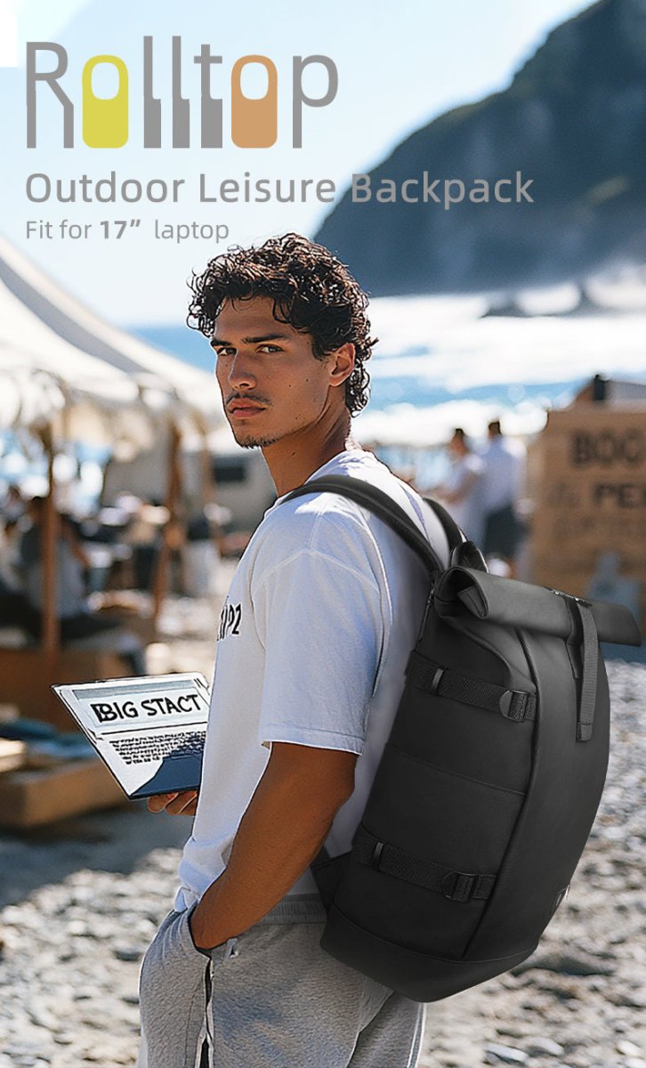 Expandable Waterproof Rolltop Backpack for 17" Laptop with Anti-Theft Features