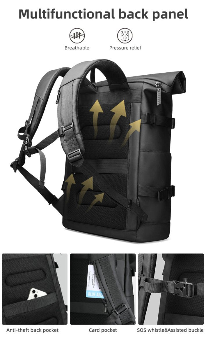 Expandable Waterproof Rolltop Backpack for 17" Laptop with Anti-Theft Features