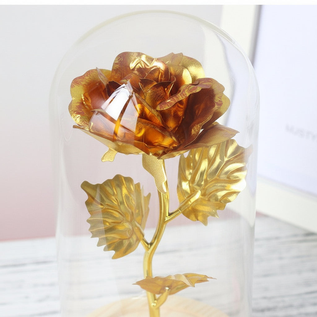 Eternal Rose Table Lamp with Wooden Base and LED Glow