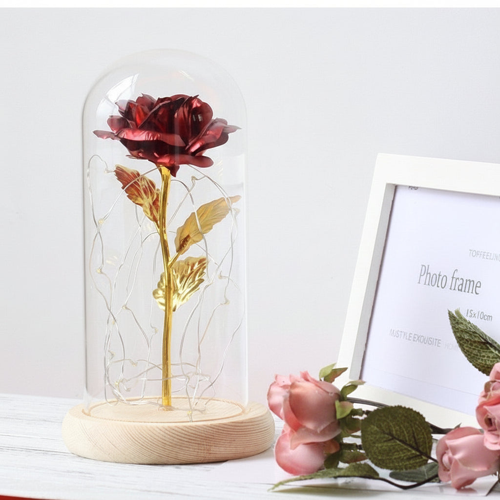 Eternal Rose Table Lamp with Wooden Base and LED Glow