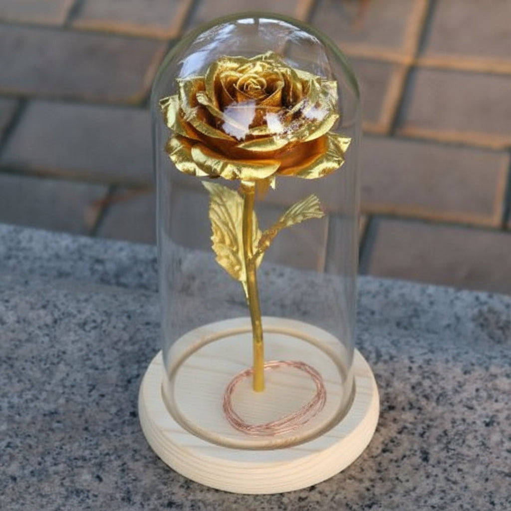 Eternal Rose Table Lamp with Wooden Base and LED Glow