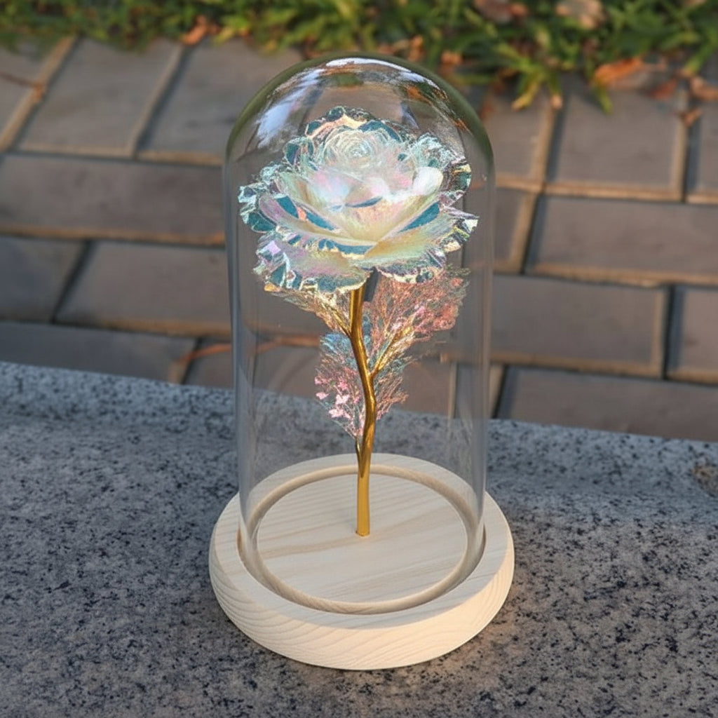 Eternal Rose Table Lamp with Wooden Base and LED Glow