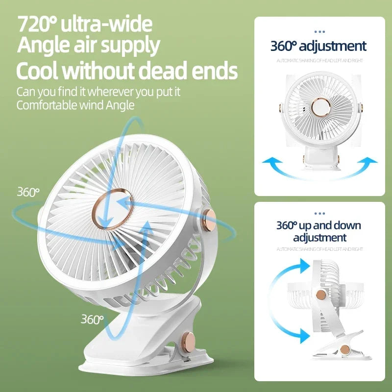 Battery-Powered Clip-On Fan – Portable and Rechargeable for Quick Comfort