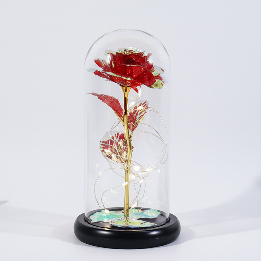 Elegant Rose Display Under Glass Dome with Soft LED Lights