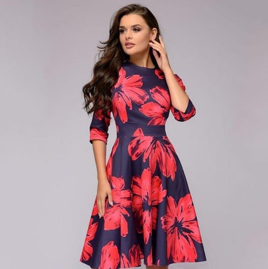 Women's Midi Dress | Retro-Inspired Puffy 3/4 Sleeves | Figure-Hugging Slim Waist | Versatile Occasion Wear