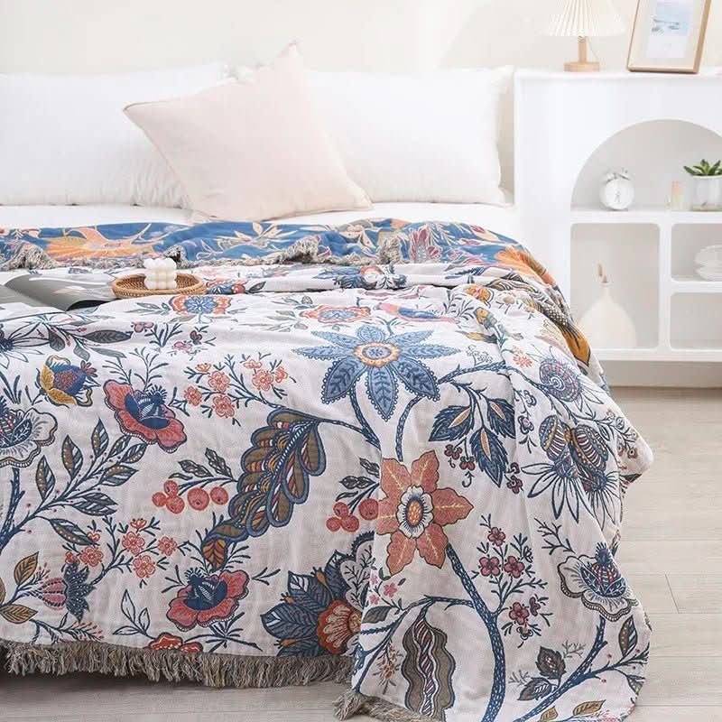 Chic Cotton Throw Blanket - Dual-Sided Floral Design