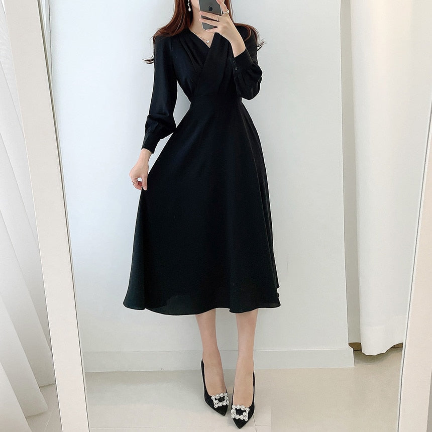 Women’s V-Neck Long-Sleeve Dress | Polyester Stretch Fabric | Midi to Maxi Length | Comfortable Fit