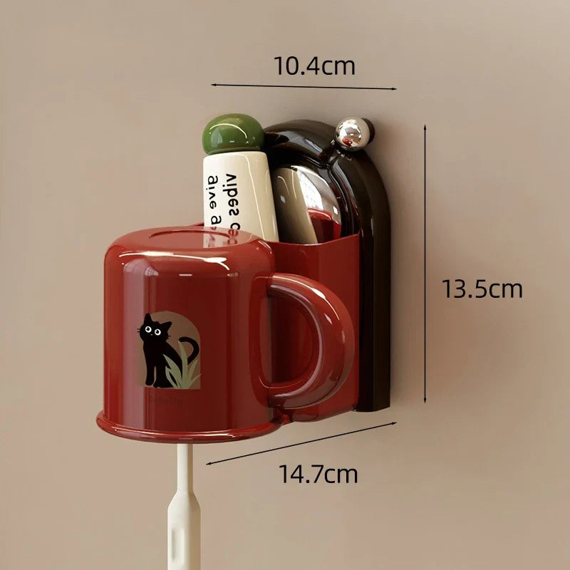 Wall-Mounted Toothbrush Organizer with Cup – No Drilling Required