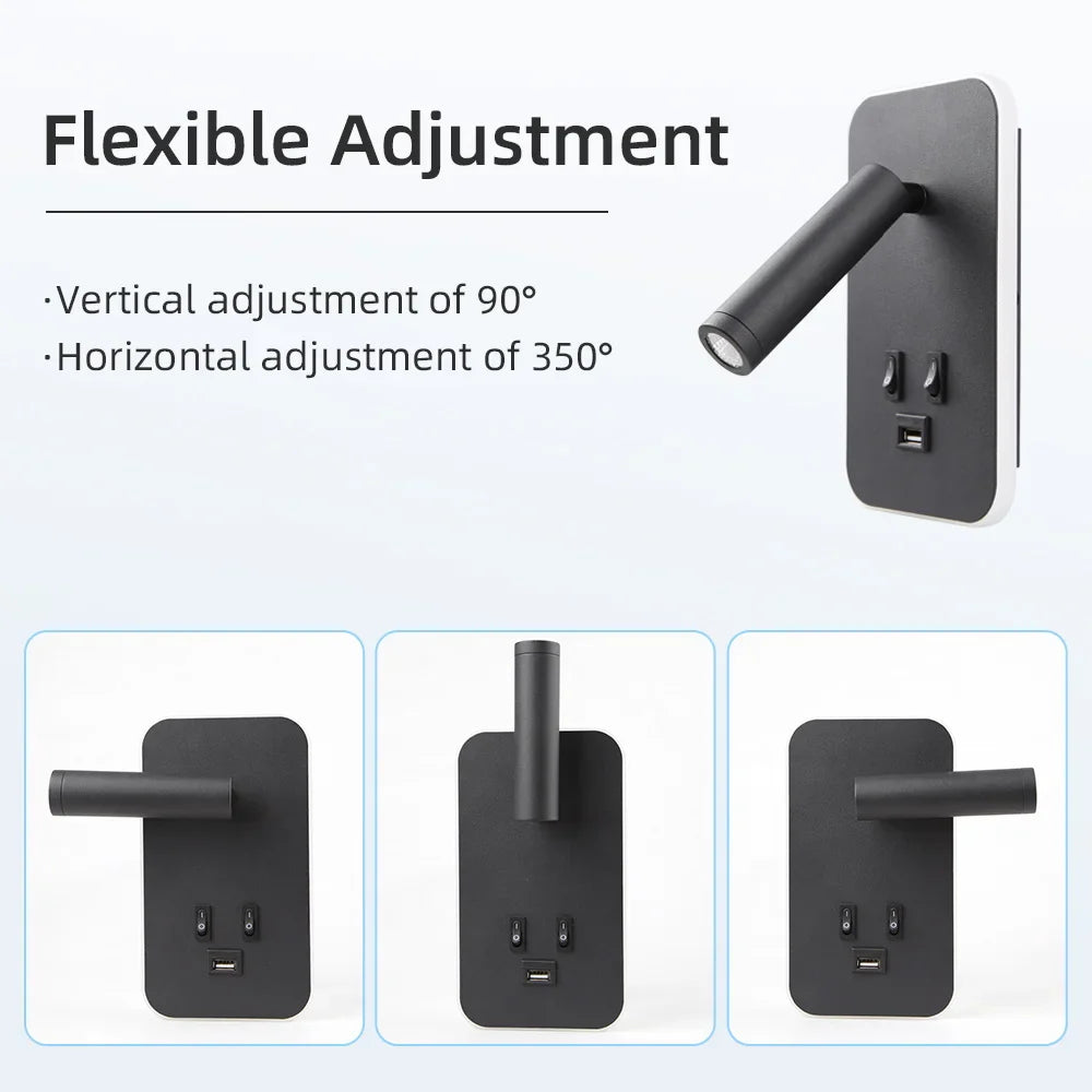 Bedside LED Wall Reading Lamp with USB Port Switch Rotatable Wall Sconce