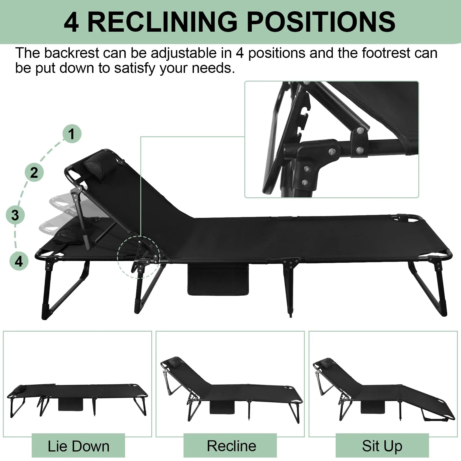 Adjustable Outdoor Lounge Cot with Built-In Pillow