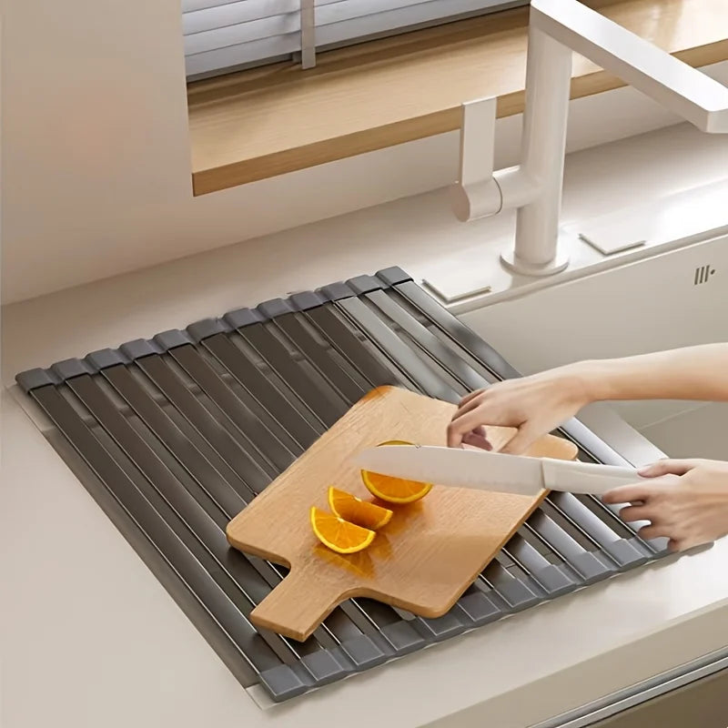 Space-Saving Rollable Drain Shelf for Kitchen Sink