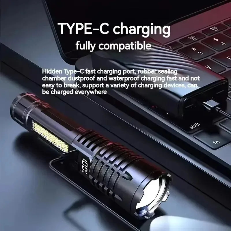 High Power LED Flashlight Type C Rechargeable COB Torch Side Light Cam