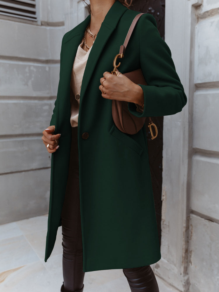 Women’s Knee-Length Coat | Notch Lapel & Single Button Closure | Durable Polyester | Autumn Winter Wear