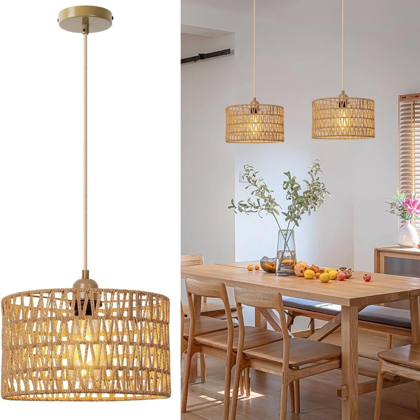 Elara — Handwoven Natural Rattan Pendant Light with Warm Glow