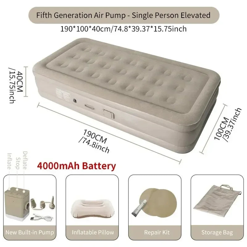 Self-Inflating Double Air Bed with Built-In Pump