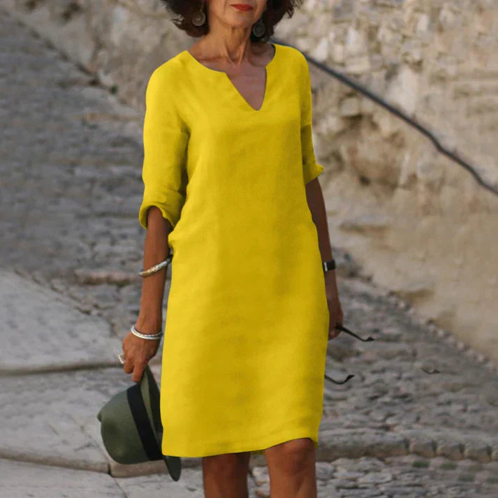 Women’s V-Neck Summer Dress | Linen-Look Polyester Fabric | Knee-Length Shift Silhouette | Breathable & Comfortable Fit