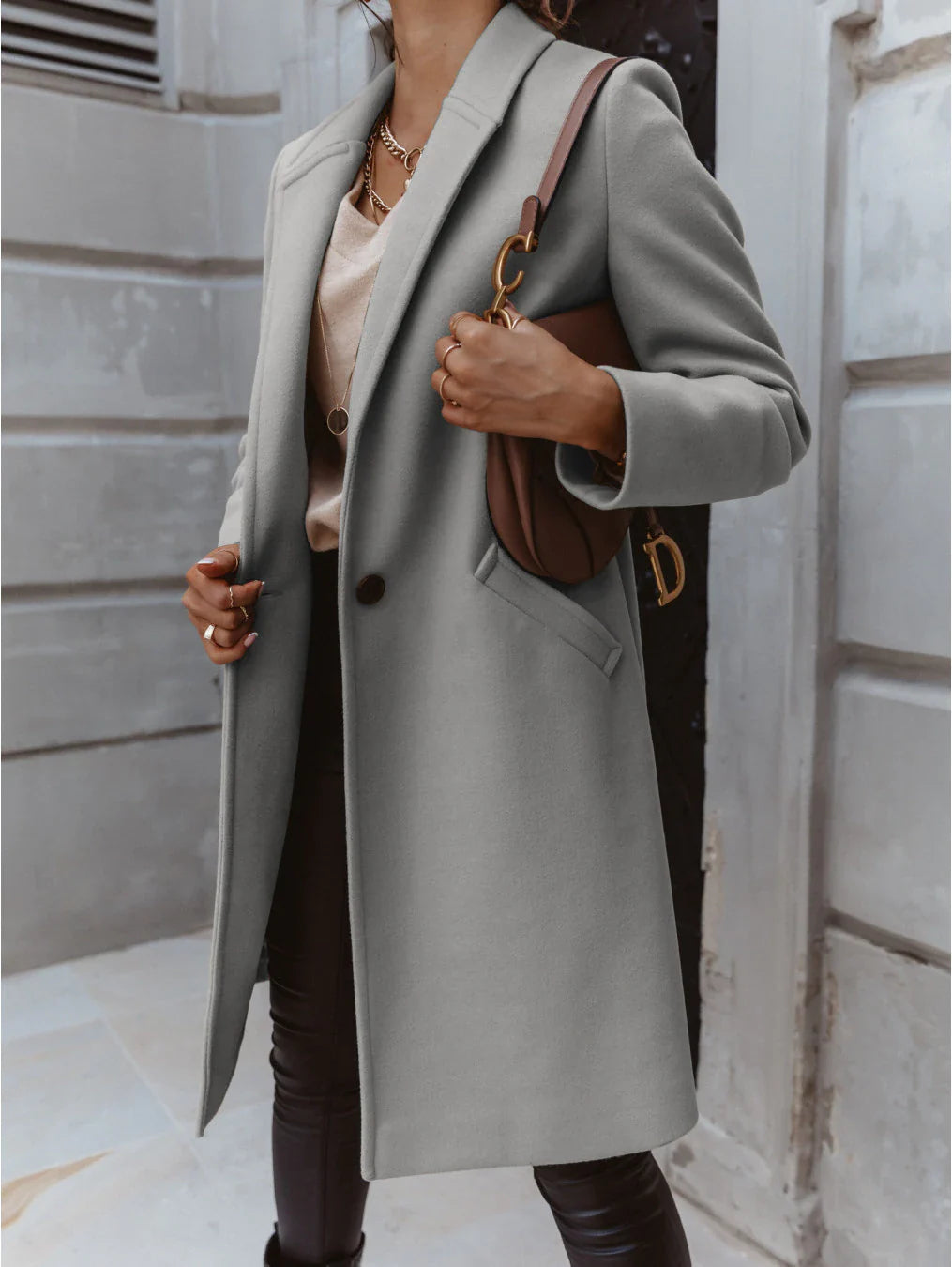 Women’s Knee-Length Coat | Notch Lapel & Single Button Closure | Durable Polyester | Autumn Winter Wear