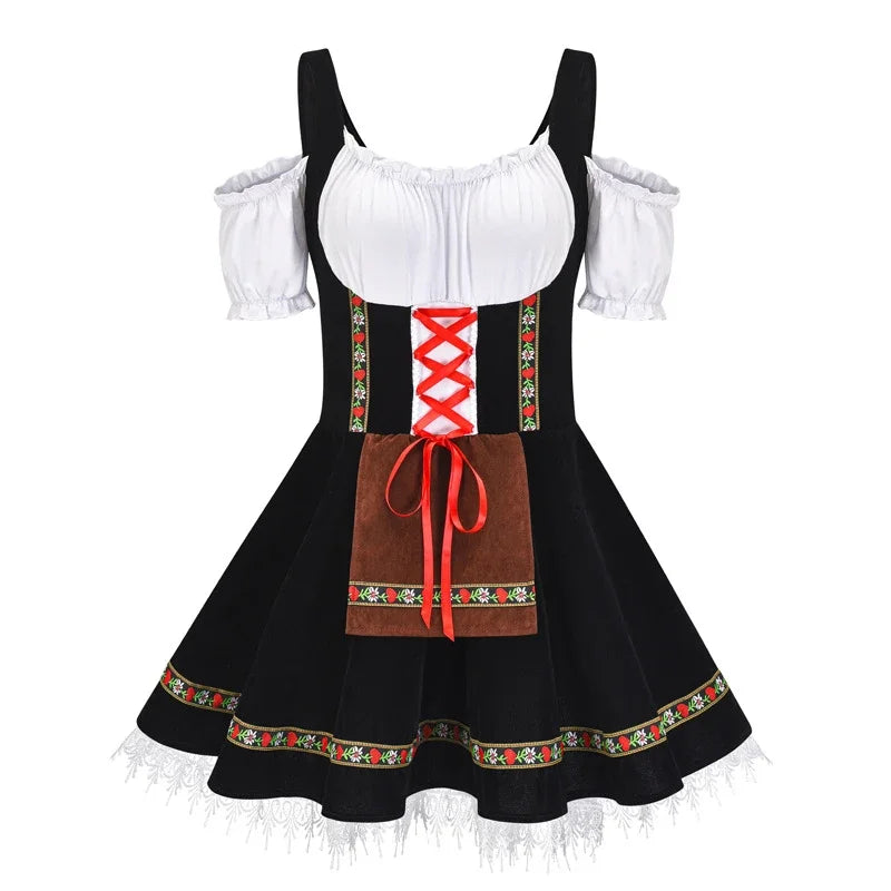 Women's Oktoberfest Dirndl Dress with Puff Sleeves and Lace-Up Corset